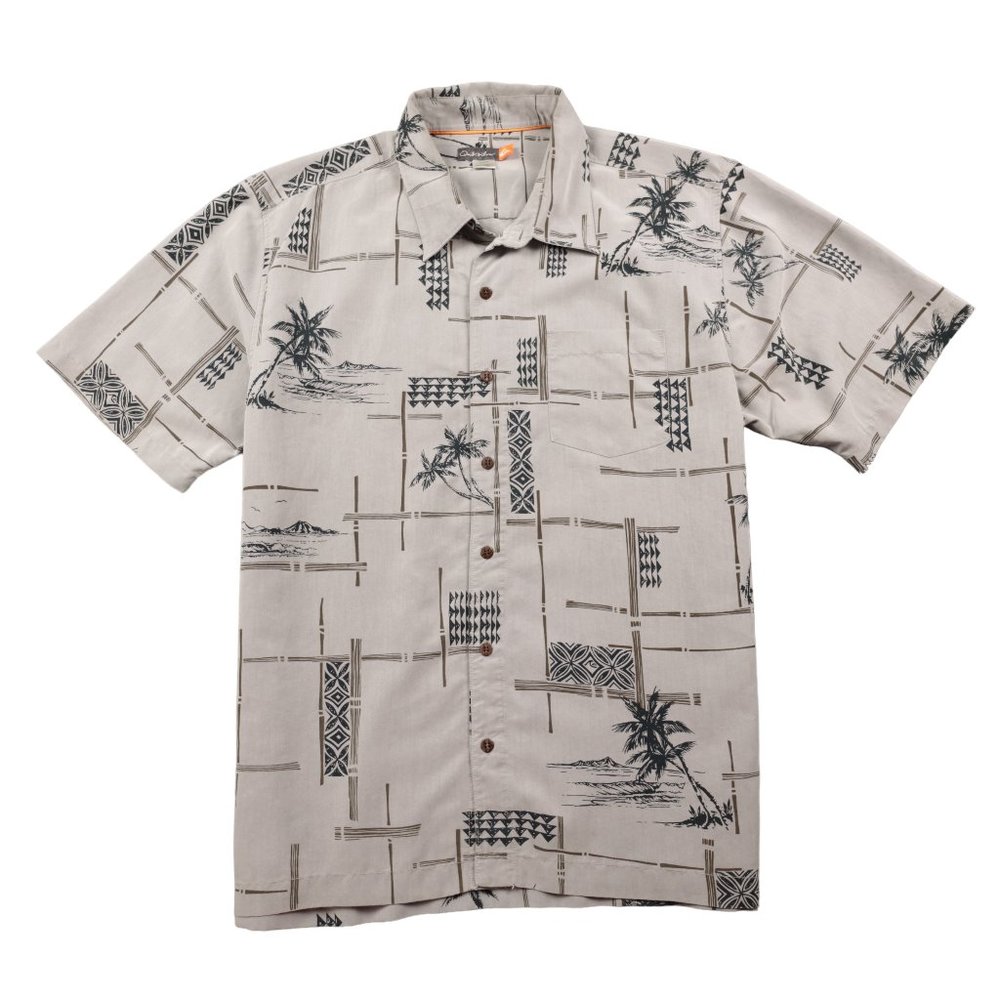 Quiksilver Short Sleeve Button Up Shirt Mens Size XL Gray Hawaiian Palm Trees